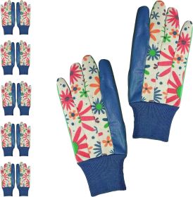 Flowers Blossom Print Gloves; Pack of 12 Medium Size Dark Blue Floral Pattern Workwear Gloves for Women; Cotton Garden Gloves Comfortable Fit; Non-Sli