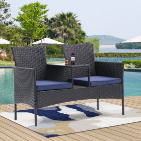 Outdoor Patio Loveseat Set,All Weather PE Rattan and Steel Frame Conversation Furniture with Built-in Coffee Table (Color: Dark Coffee+Blue)