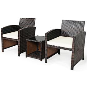 3 Pieces PE Rattan Wicker Furniture Set with Cushion Sofa Coffee Table for Garden (Color: White)